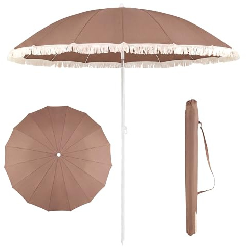 COSTWAY Sombrilla de Playa con Flecos, 200 cm Sombrilla Terraza Exterior con 12 Varillas, Ángulo de Inclinación Ajustable, Protección Solar, Parasol Bohemio Exterior Jardín Patio Piscina (Marrón)
