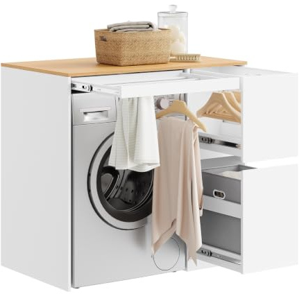 SoBuy Mueble Lavadora con Cesto para Ropa 100x60x95 cm Lavandería y Baño | Mueble sobre Lavadora, Estantería con Tendedero Extraíble, Armario Blanco y Madera BZR223-WN