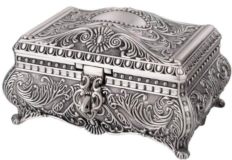 Feyarl Schmuckkästen Antik Schmuckkasten Metall Floral Gravur Rechteck Aufbewahrung Box mit Unterteilung Silber Zinklegierung Muttertags Geschenk(Large)