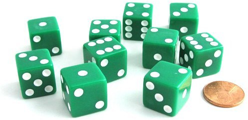 Set of 10 Six Sided D6 16mm Standard Dice Green