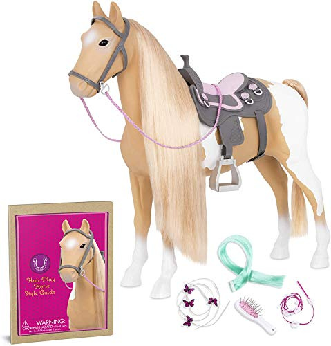 Our Generation Palomino Paint Pferd, Haarstyling für 46-cm-Puppen | Palomino-Pferd mit blonder Mähne und Schweif, Sattel, Zaumzeug, Haarzubehör und Bürste, passend für 46-cm-Puppen, 3+ Jahre