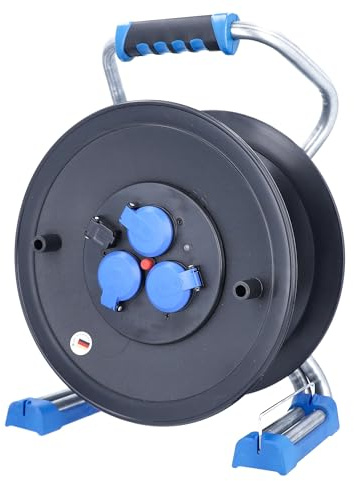 as - Schwabe Xperts Plastic Empty Cable Reel for 40 m Cable, Extension Cable Drum without Cable, Empty Drum with 3 Protective Contact Sockets 230 V, 16 A, IP44, Made in Germany, Black I 22620