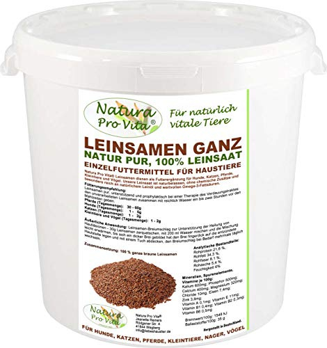 Leinsamen Katze, natürlicher Magenschutz, Darmschutz, gut für Verdauung und Stoffwechsel, NaturaProVita ganze braune Leinsaat, reich an Omega-3 Fettsäuren und Leinöl, Futterzusatz für Katzen 5kg Eimer