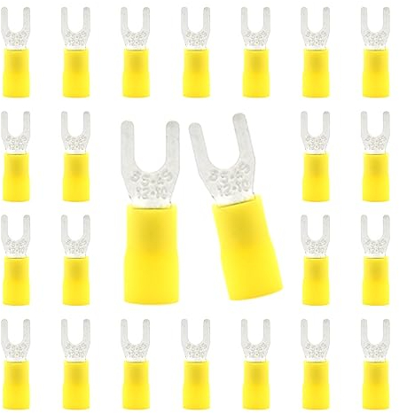 CEEYSEE 50 Pezzi Forcella Capocorda Elettrico Terminale Connettori Elettrici Diametro Foro M4 Crimpare Connettori – Per Cavi Da 4,0 – 6,0 mm² (Giallo/YPFY)