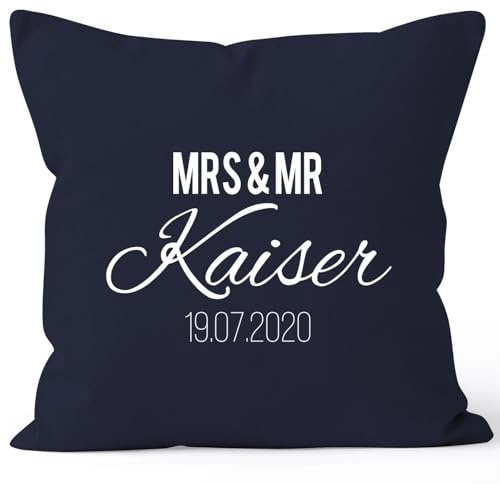 SpecialMe® personalisierbares Kissen zur Hochzeit mit Namen und Datum Mrs und Mr Familienname Hochzeitsgeschenk Navy 40cm x 40cm