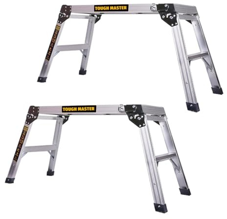 Aluminium Work Platform Pack of Two 760 x 300mm 2 Step Up Ladder Folding Hop Up Fold Bench Stool Work Platform Foldable Design To Sit On, Indoor/Outdoor Job Step Ladder Twin Pack TOUGH MASTER