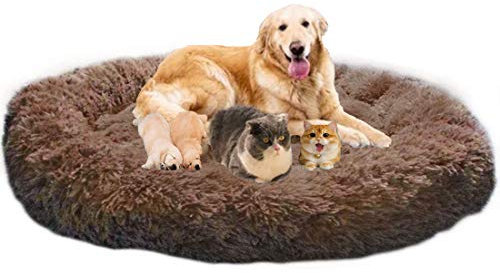 LINRUI XXL Waschbar Hundebett Hundesofa Orthopädisches Antistress Hundekissen Flauschiges für Extra große Grosse Mittlere Hunde Donut Hundehöhle XL Rund Kuschelig Memory Foam Oval Hoch Braun