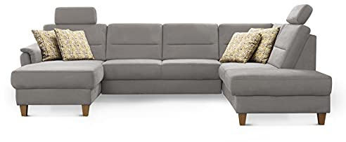 CAVADORE Wohnlandschaft Palera / Federkern-Sofa in U-Form mit 2 Kopfstützen / 314 x 89 x 212 / Mikrofaser, Hellgrau