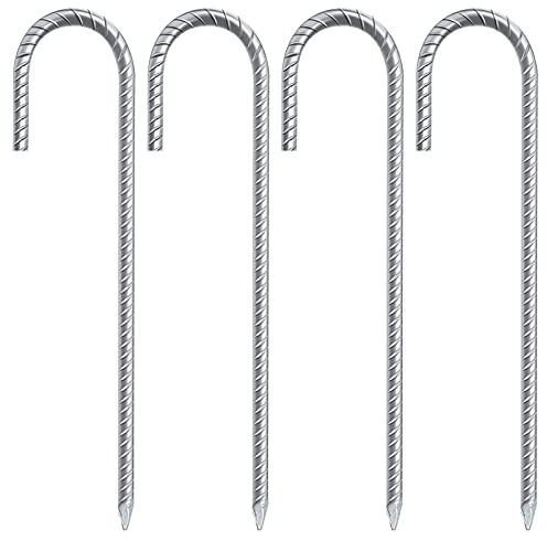 4 Pack Tent Pegs, 12 Inch Heavy Duty Galvanised Steel Ground Rebar Stakes J Hooks Anchors Anchorage Stakes Tent Pegs Garden Stake Pegs Landscape Pins for Camping Tents Trampoline (4 Packs, 12 Inch)