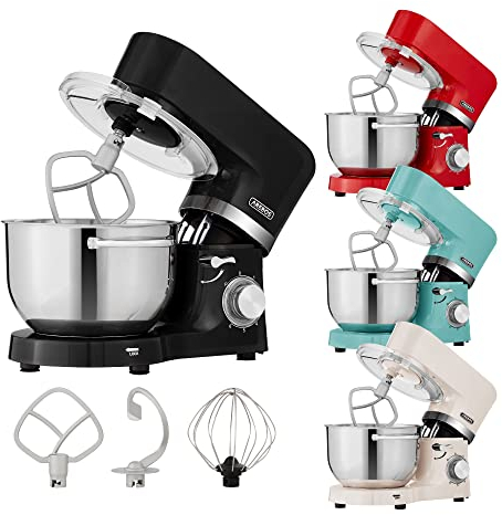 Arebos Küchenmaschine 1500W Schwarz | Knetmaschine mit 2x Edelstahl-Rührschüsseln 4,5 & 5,5L | Geräuscharm | Küchenmixer mit Rührhaken, Knethaken, Schlagbesen und Spritzschutz | 6 Geschwindigkeiten