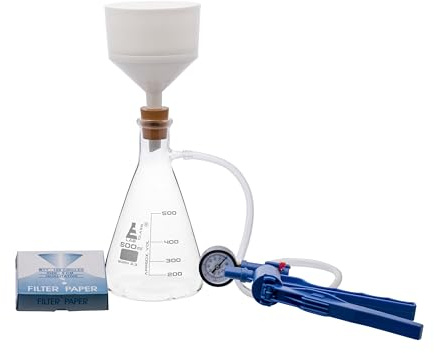Eisco Labs - Kit completo di filtraggio sottovuoto, include pallone filtrante da 500 ml, pompa a vuoto manuale, imbuto Buchner, carta da filtro, tubo in gomma e tappo