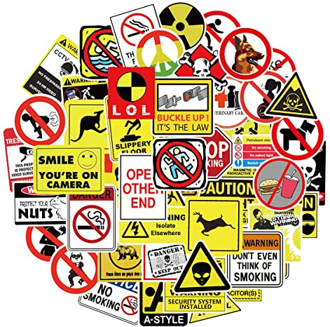 MARSFORCE Attenzione Attenzione, adesivi di avvertimento, confezione da 50 pezzi, impermeabili, in vinile per laptop, bottiglie d'acqua, skateboard, bagagli, auto, moto, chitarra, valigia,