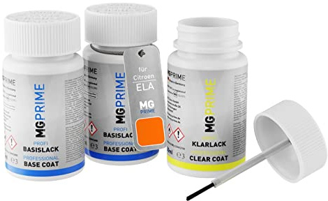 MG PRIME Autolack Lackstift Set für Citroen ELA Orange Pulse Nacre Metallic/Karamell-Braun Pearl Metallic Grundlack Basislack Klarlack je 50ml