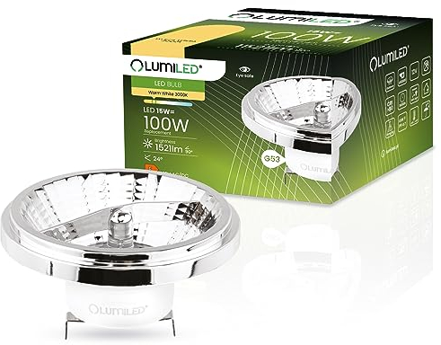 Lumiled LED-Leuchtmittel AR111 G53 Fassung Spannung 12V 15W (Entspricht 100 Watt) Warmweiß 3000K 24 Grad Abstrahlwinkel Silber 1521 Lumen Ra>80 Aluminium PC