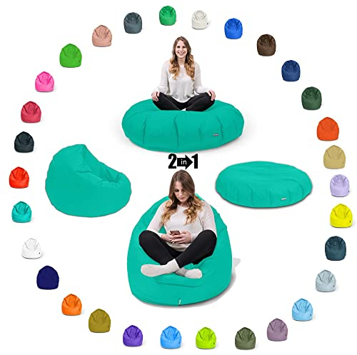BuBiBag 2in1 Sitzsack Sitzkissen mit Füllung, Small Ø: 85 cm, Türkis, Indoor & Outdoor Beanbag, Geeignet für Kinder Innen- & Außenbereich Kinderzimmer, Wasser- & Schmutzabweisend Wetterfest