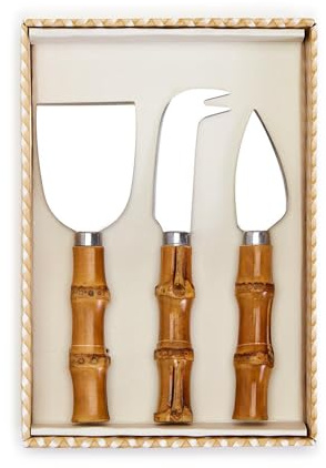 Two's Company Set of 3 Natural Bamboo Handle Cheese Knives in Gift Box