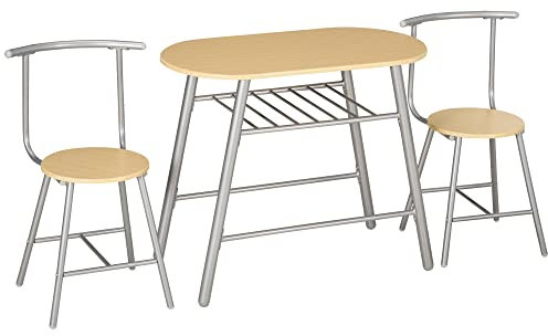 HOMCOM Set da Pranzo Salvaspazio da 3 Pezzi con Tavolo da Bar Ovale con Ripiano e 2 Sedie in MDF e Acciaio, Color Legno e Argento