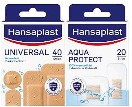 Hansaplast Aqua Protect Pflaster (20 Strips), wasserfeste Wundpflaster mit extra starker Klebkraft + Universal Pflaster (40 Strips), schmutz- und wasserabweisende Wundpflaster