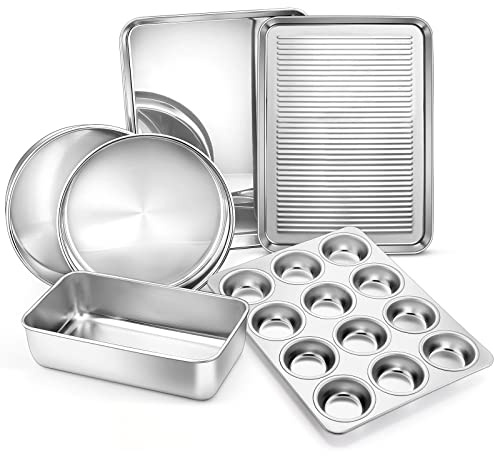 E-far 6-Piece Baking Pans set, Stainless Steel Bakeware Set for Oven, Include 8-Inch Cake Pan/Rectangle Baking Cookie Sheet/Muffin/Loaf Pan, Non-Toxic & Heavy Duty, Dishwasher Safe