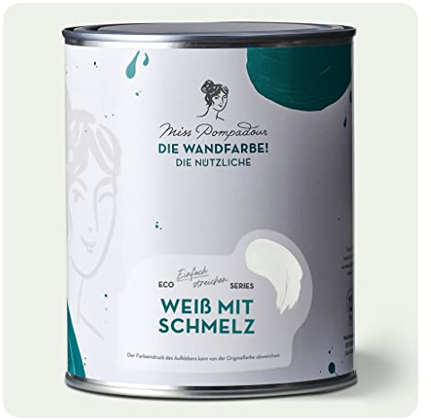 MissPompadour abwaschbare Wandfarbe Weiß mit Schmelz 1L - hohe Deckkraft & Ergiebigkeit - matte, scheuerbeständige Innenfarbe - geruchsarm, wasserbasiert, atmungsaktiv - Die Nützliche
