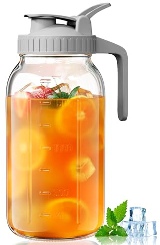 OneDream Glass Pitcher with Lid – 64oz Glass Mason Jar Pitcher with Wide Mouth, Airtight Seal, Leak-Proof, Spout Design – Ideal for Iced Tea, Sun Tea, Cold Beverages, and Home Entertaining