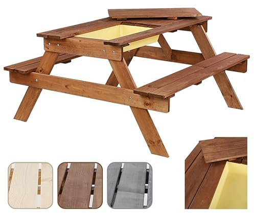 MODO24 Picknicktisch Mit Bank Kindersitzgarnitur Kindertisch Gartentisch Holz Set SPD mit Sandkaste Matschküche Farben (HxBxT: 52x100x80 cm) (Braun)