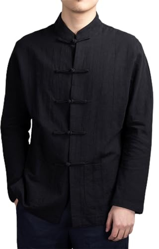 SHINROAD Camisa de cuello mandarín con botones de disco para hombre, estilo chino, manga larga, bolsillos, tradicional, Kung Fu, Tai Chi, Tang, uniforme, negro, XL