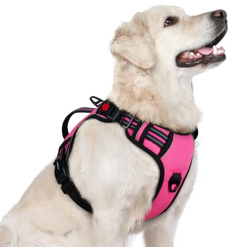 rabbitgoo Dog Harness for Large Dogs, No Pull Pet Harness with Soft Padded Handle, Adjustable Reflective Vest with 3 Buckles, Easy Walking Harness with 2 Leash Clips, Pink, L