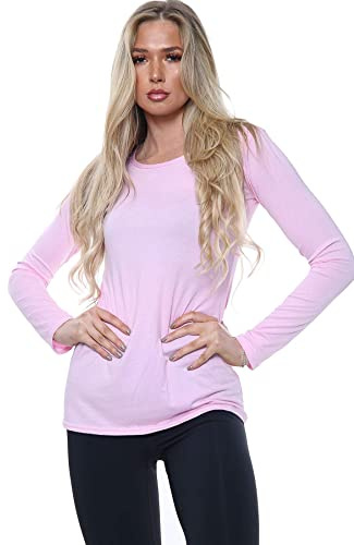 VEARZ® Womens Plain Long Sleeve T-Shirts – Ladies Stretchy Casual Basic Tops Summer Slim fit Round Neck Tee Tops Plus Size Baby Pink, 16-18