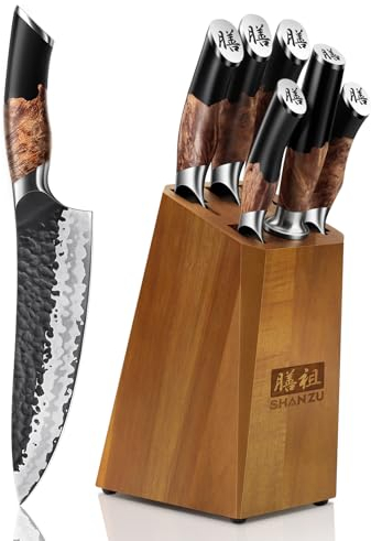 SHAN ZU Messerset 7 teilig, Japanisches Küchenmesser Set mit Block, 7 Schichten Hochwertigem Carbon Stahl Scharf Messerset für die Küche, Professionelles Kochmesserset mit Schärfer
