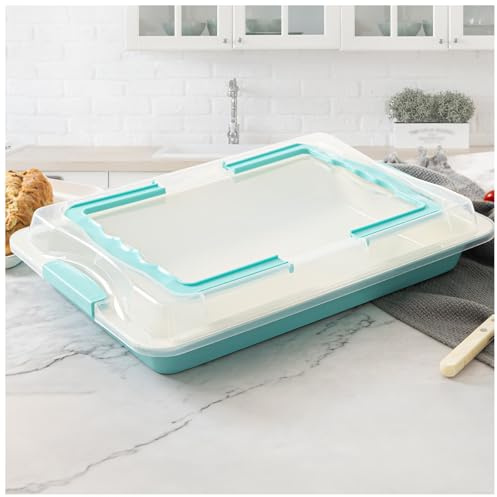 Spmarkt Sheet Cake Pan with Lid, 15×10×2 Deep Jelly Roll Pan, Non-Stick Ceramic Coating Baking Pan, Oven Safe 450°F, PFOA & PTFE Free, Bake & Carry for Texas Sheet Cake, Brownies, Potluck (Teal)