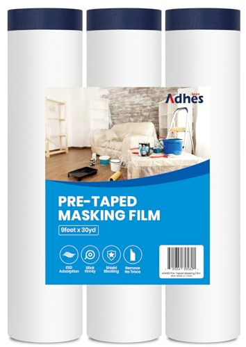ADHES Painters Plastic with Tape, 102 inch x 90 feet x 3 Rolls Painters Tape with Plastic Attached, Pre Taped Masking Film for Automotive Painting Covering