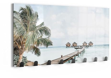 DEQORI Wandgarderobe Glas & Metall | Motiv Flucht ins Paradies | 60x30 cm | Design Haken-Leiste modern | Garderoben-Paneel für Flur, Wohnzimmer & Schlafzimmer | magnetisch & beschreibbar