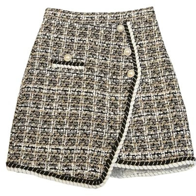 Rutig damkjol, elegant minikjol, tweed, kort kjol, hög midja, rutig kjol, A-linje, vinterkjol med fickor och knappar, Aprikos 02, M