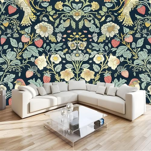 Papel Pintado Pared Panorámico William Morris Pájaros Fresa 400 x 280 cm Fotomurales No Tejido, Murales Decoración de Pared, Póster Gigante de Pared Personalizado 3D Para Salón Dormitorio