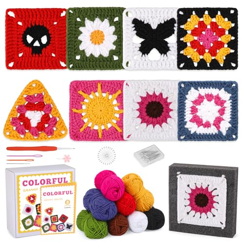 ENCHOL Crochet Kit for Beginners, 8 Pcs Granny Square Crochet Kit for Adults, Beginner Crochet Kit with Step-by-Step Instructions, Crocheting Knitting Kit for DIY Project