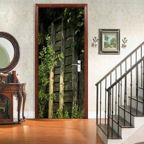 Türtapete Selbstklebend 85x200 Vintage-Holzbrett Türposter Grüne Pflanzen Fototapete Türfolie Türklebefolie Wasserdichte für Türwand Dekoration Tapete a.2452