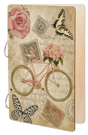 SUPERDANT Vintage Greeting Card Holder Planning Book Organizer Wooden Loose Leaf Binder Butterfly Stamps Photo Album Postcard Collection 2-Rings Cover Journal Anniversary Keeper Keepsake Gifts