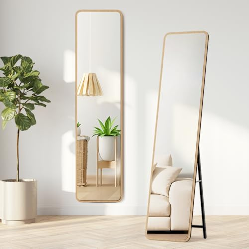 Warmiehomy 160X40cm Wooden Frame Full Length Mirror, Rectangular Standing Full Body Mirror, Hanging or Leaning Against Wall for Bedroom Cloakroom Living Room, Natural