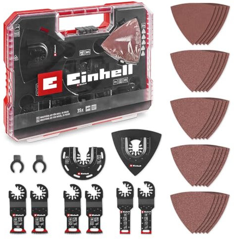 Originale Einhell XL-PLUS-CASE Set multiutensile per legno da 35 pezzi (lame da taglio a tuffo CV, lama da taglio semitonda HCS, piastra di supporto Delta, carta vetrata per legno, adattatore Dremel)
