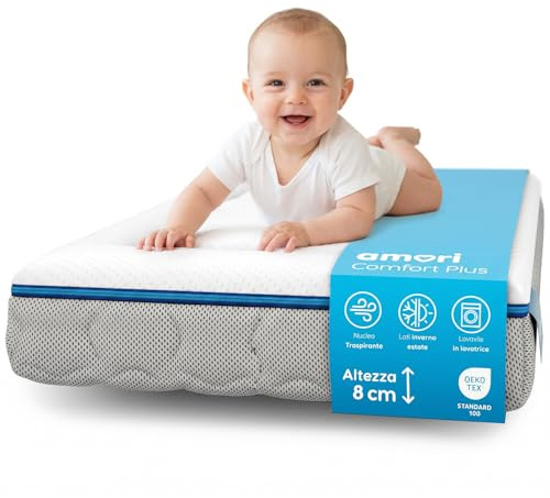 AMORI Babymatratze 80x50 für Stubenwagen, Reisebett & Babybett – 8 cm Matratze mit Memory Foam – Atmungsaktiv & Oeko-TEX Zertifiziert Comfort Plus