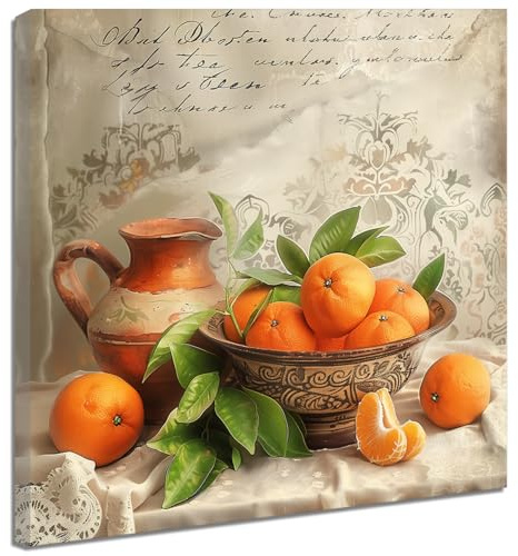 ZQQART Fruit Canvas Wall Art Kitchen Artwork Wall Decor Farmhouse Citrus Pictures Vintage Oranges in Basket Poster for Living Room Framed (White,20 x 20)