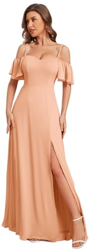 Ever-Pretty Vestido de Noche Largo Gasa con Hombros Descubiertos y Volantes para Mujer Melocotón 38