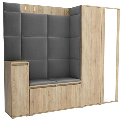 Brent - Garderobenschrank Flur Sonoma Eiche mit sitzbank 220 cm Breit Luton 8 - Multifunktionale Flurgarderobe Set mit Stauraum und Wandpaneel, Garderobe mit Sitzfläche und Kleiderhaken