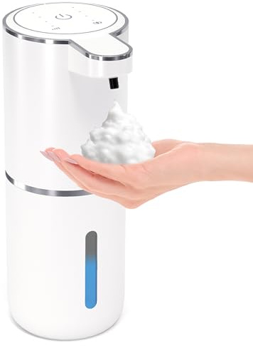 Dispenser automatico di sapone schiumoso senza contatto, 380 ml, dispenser di schiuma regolabile a 4 livelli, montaggio a parete, per bagno e cucina, bianco