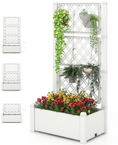 Maceta de jardín ajustable con sistema de riego automático e indicador de nivel de agua, cama elevada elevada para plantas trepadoras, verduras, hierbas, caja de maceta blanca