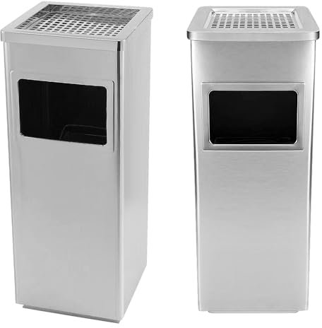 Poubelle avec Cendrier pour Extérieur, Cendrier sur Pied en Acier Inox avec Poubelle, Poubelle verticale, acier inoxydable et peinte,Carré, 30 * 24 * 60cm, 48L, Argent, 2pcs