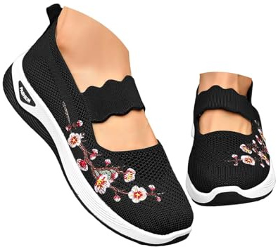 riou Zapatillas ortopedicas Mujer Verano Bordado Patrón Zapatillas con Malla Sin Cordones para Sin Manos Antideslizantes para Ligeras Cómodas Caminar Calzado pie diabetico