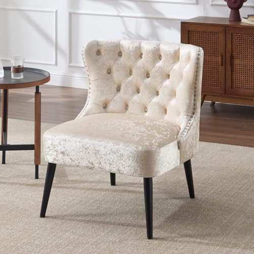 DAYALANE Ohrensessel Samt, Loungesessel mit Dicke Sitzpolsterung, Beige | Polstersessel, mit Holzbeinen, Einzelsessel Akzentstuhl für Wohnzimmer Schlafzimmer Lounge