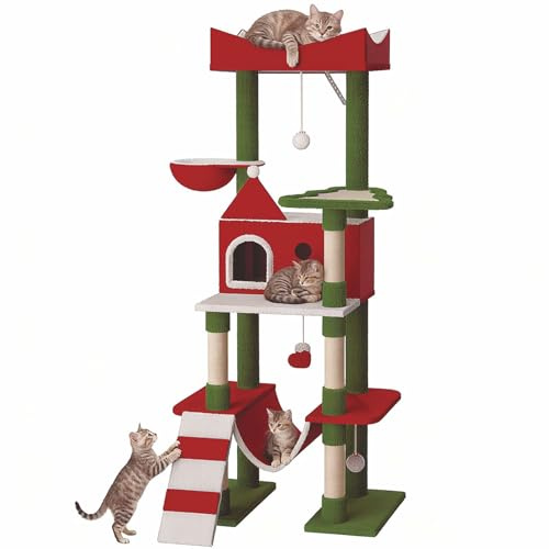 STILLCOVE 160.0 cm großer Weihnachtsbaum für den Innenbereich: hohes modernes, niedliches, robustes Katzenhaus mit Kratzbaum und Hängematte für Maine Coon